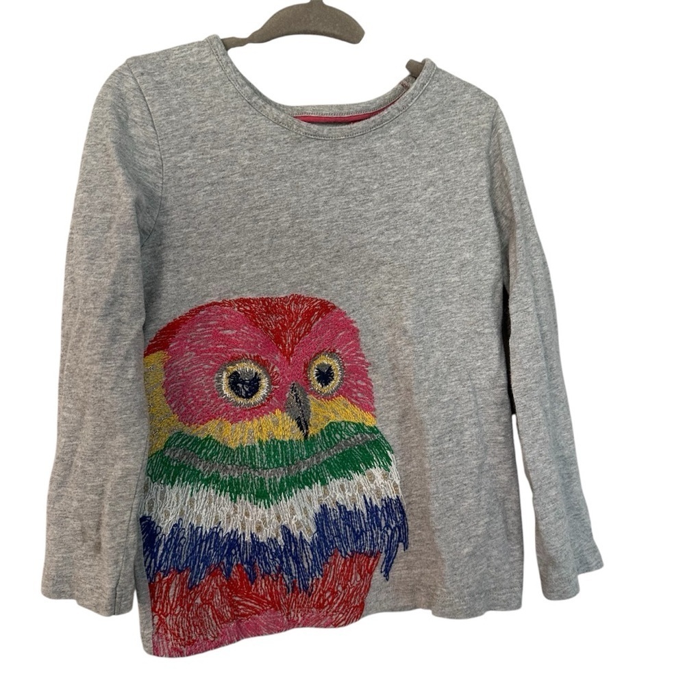 Mini Boden Gray Long Sleeve Crewneck Rainbow Owl Graphic Tee Sz 4-5Y Girls GUC